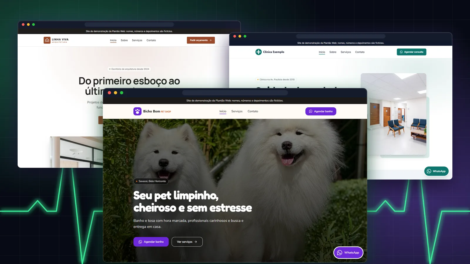 Três sites feitos pela Plantão Web abertos no navegador: um pet shop, uma clínica e um escritório de arquitetura