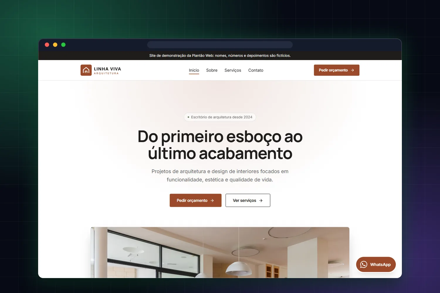 Site de demonstração da Linha Viva Arquitetura, com uma sala de jantar integrada na abertura