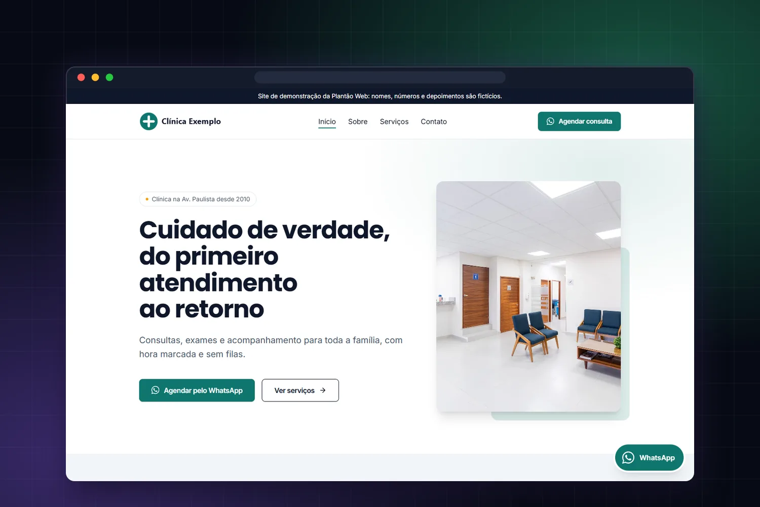 Site de demonstração da Clínica Exemplo, com a sala de espera na abertura