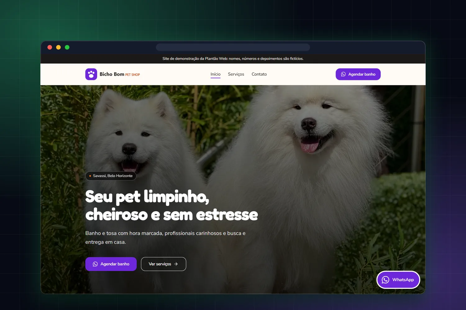 Site de demonstração do pet shop Bicho Bom, com dois cães samoiedas na abertura